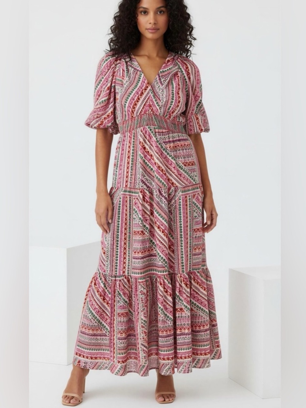 Democracy Pink Multicolor Printed Tiered Maxi Dress size Small